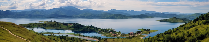 绿色蓝天白云岸边人家水库风景背景,高清,摄影图,摄影图片,图片大全,摄影图免费下载
